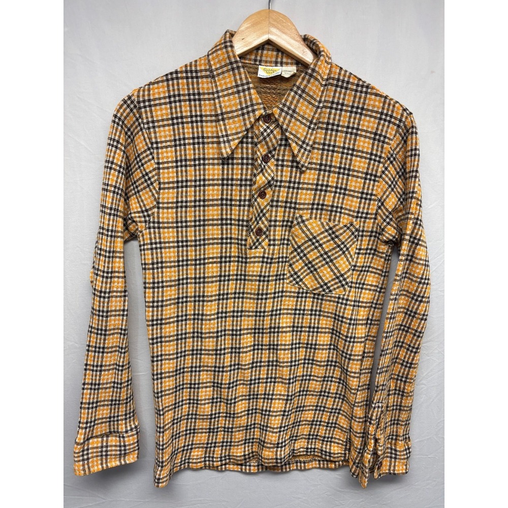 Golden Vee Flannel‎ Shirt Mens Yellow Plaid Regular Endura Press Vintage Hippie